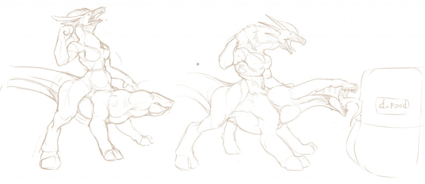 2_heads beak breasts clothing female food growth hooves horn monochrome multi_head paws sequence sketch solo taur torn_clothing transformation uglyshadow
