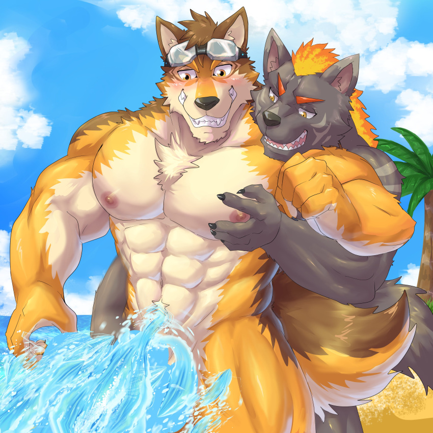 1:1 abs absurd_res anthro barrel_(live-a-hero) beach blush canid canine canis convenient_censorship duo eyewear fire flaming_hair flaming_mane furlong_(live-a-hero) goggles groping_from_behind hi_res hyaenid lifewonders live-a-hero male male/male mammal muscular muscular_anthro muscular_male nipples nude palm_tree pecs plant pseudo_hair pseudo_mane seaside tree video_games water weedwolfeatmeat wolf