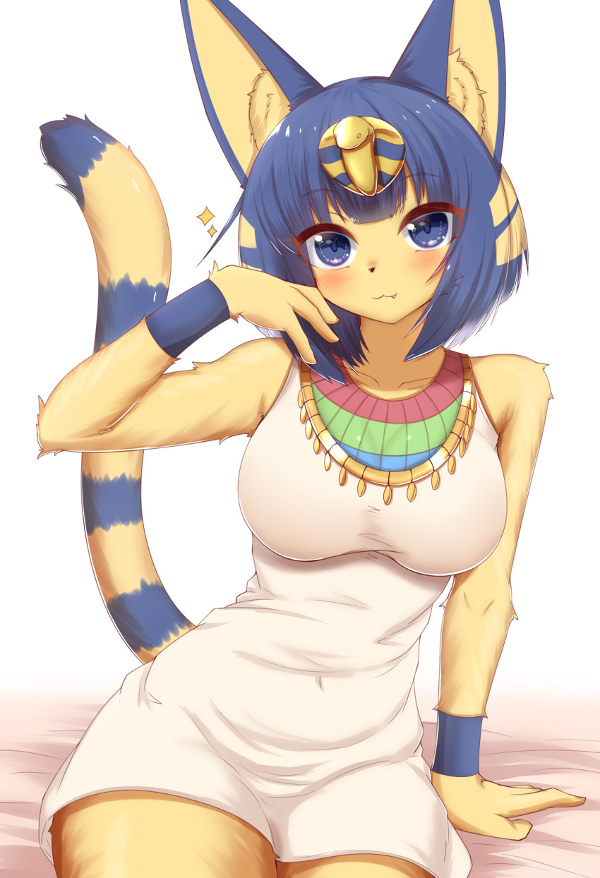 2021 animal_crossing ankha_(animal_crossing) anthro blonde_hair blue_body blue_eyes blue_fur blue_hair blush breasts clothed clothing cute_fangs domestic_cat dress egyptian felid feline felis female fingers fur hair hi_res horokusa0519 inner_ear_fluff kemono looking_at_viewer mammal multicolored_body multicolored_fur multicolored_hair multicolored_tail nintendo short_hair sitting solo tuft video_games yellow_body yellow_fur