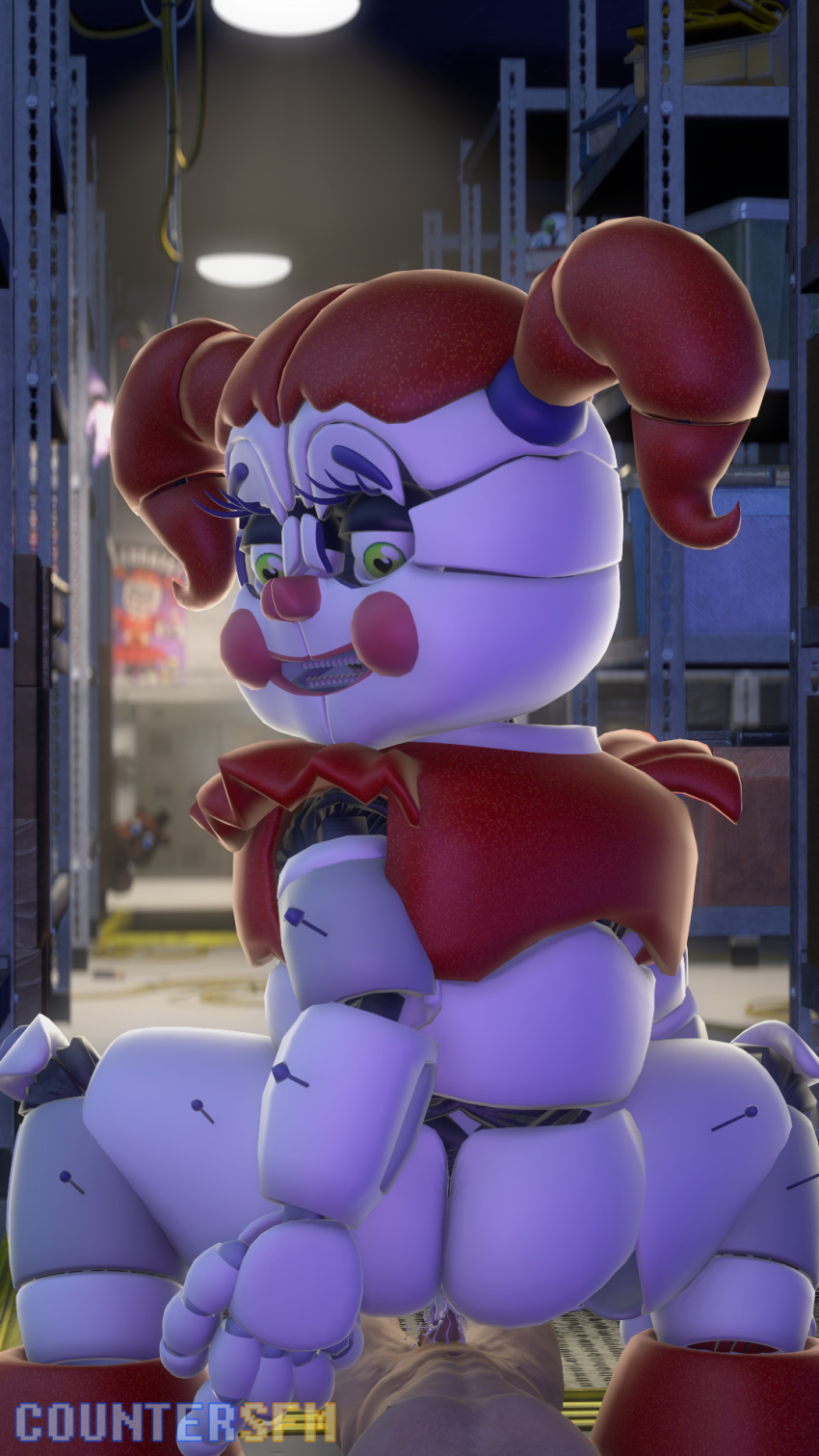 &lt;3 &lt;3_eyes 2021 3d_(artwork) 9:16 animatronic baby_(fnafsl) bodily_fluids bottomless circus_baby_(fnaf) clothed clothing clown countersfm crouching cum cum_in_pussy cum_inside digital_media_(artwork) duo ejaculation female five_nights_at_freddy's genital_fluids green_eyes hair hi_res human humanoid machine male male/female mammal not_furry on_bottom on_top penetration red_hair reverse_cowgirl_position robot sex sister_location size_difference vaginal vaginal_penetration video_games warehouse