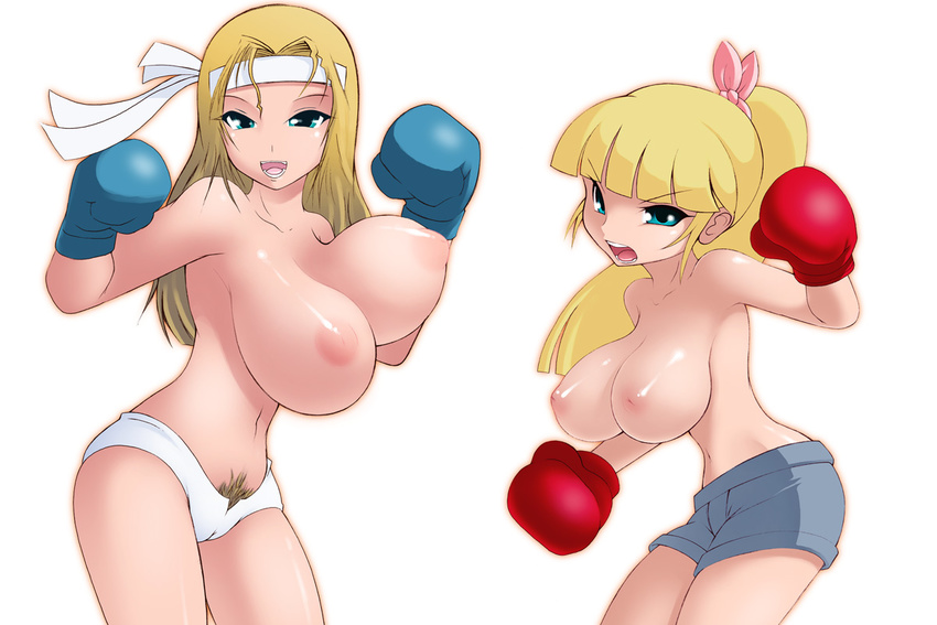 blonde_hair blue_eyes bouncing_breasts boxing boxing_gloves breasts cameltoe headband huge_breasts inverted_nipples multiple_girls nipples noise open_mouth original ponytail pubic_hair pubic_hair_peek puffy_nipples short_shorts shorts topless