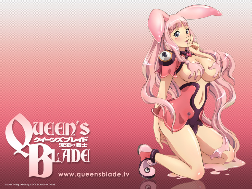 1girl animal_ears artist_request bare_legs blush_stickers breast_grab breasts bunny_ears cleavage eyebrows_visible_through_hair goo_girl grabbing large_breasts melona monster_girl official_art panties queen's_blade revealing_clothes sideboob slime solo underboob underwear wallpaper