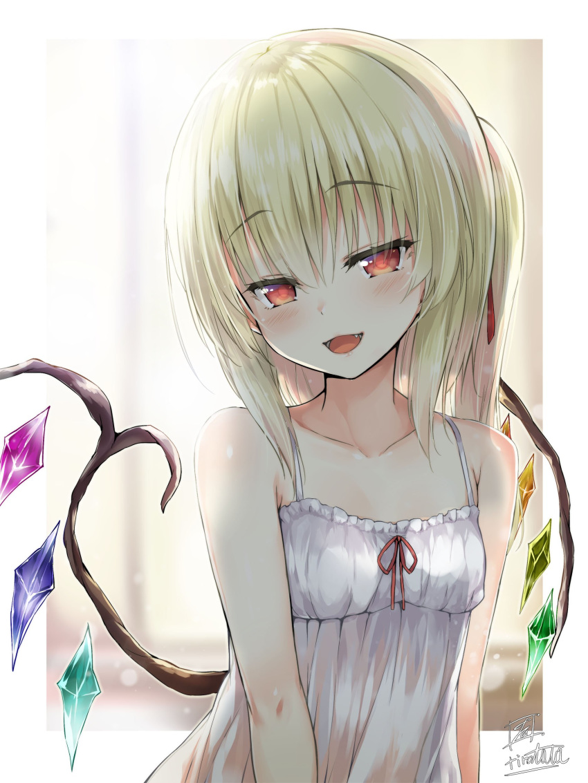 1girl :d absurdres artist_name bangs bare_arms bare_shoulders blonde_hair blush border breasts camisole collarbone commentary_request crystal eyebrows_visible_through_hair fangs flandre_scarlet frills hair_between_eyes hair_ribbon head_tilt highres looking_at_viewer no_hat no_headwear one_side_up open_mouth outside_border red_eyes red_ribbon ribbon signature small_breasts smile solo spaghetti_strap tirotata touhou twitter_username upper_body white_border window wings