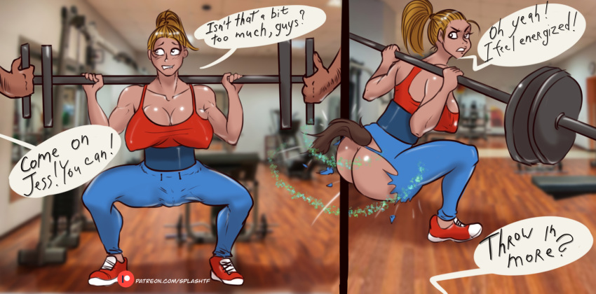 absurd_res breasts butt clothing comic dialogue equid equine exercise expansion female hi_res horse human mammal patreon solo splashtf text torn_clothing transformation url weightlifting workout