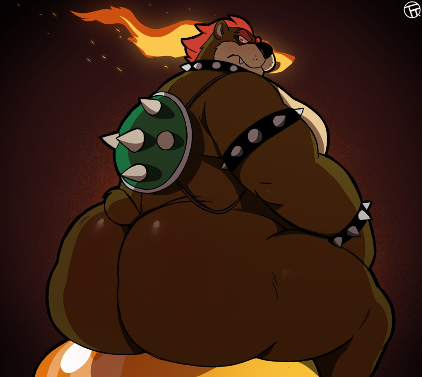 anthro armband big_butt bowser bracelet brown_body brown_fur butt collar fire fur hair hi_res huge_butt jewelry male mammal mario_bros nintendo overweight overweight_anthro overweight_male red_eyes red_hair shell sitting solo spiked_armband spiked_bracelet spiked_collar spiked_shell spikes spikes_(anatomy) trashtoonz ursid video_games