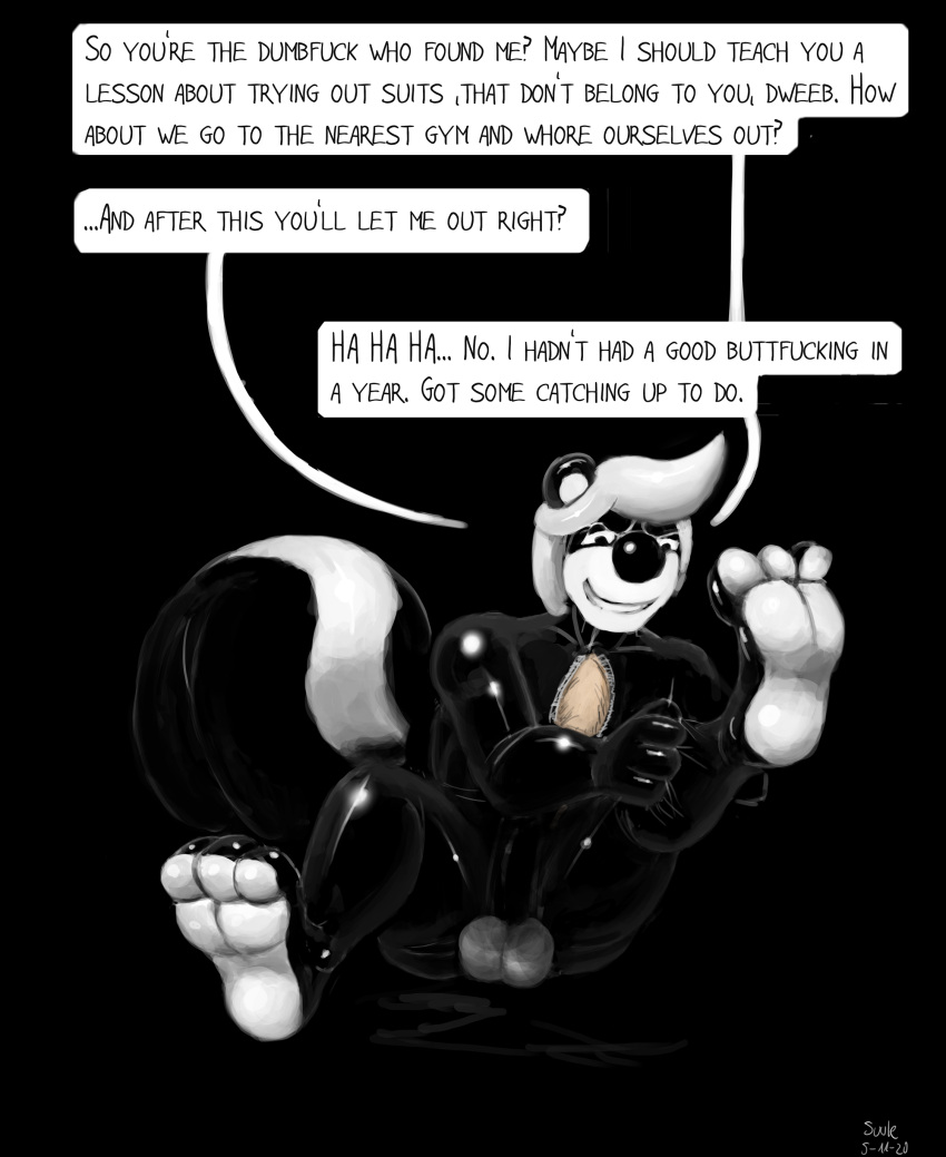 absurd_res anthro balls big_tail dialogue duo english_text forced_suiting genitals hair hi_res human linked_speech_bubble living_costume male male/male mammal mephitid paws polygonal_speech_bubble profanity rubber skunk smile speech_bubble suiting suule symbiote text white_balls white_hair zipper