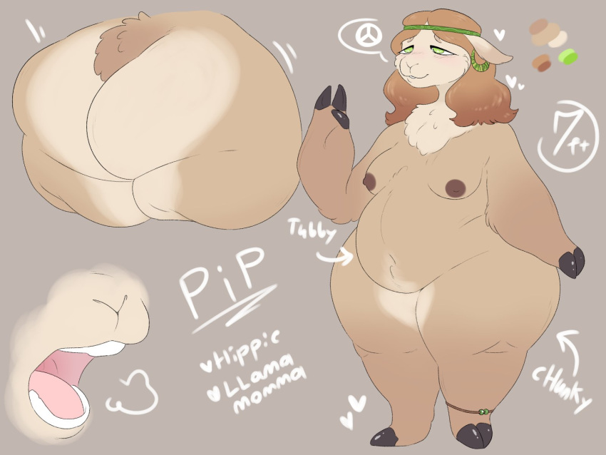 4:3 accessory anthro belly big_belly big_butt breasts bumbleblues butt camelid female fingers headband hi_res hippie hooved_fingers hooves huge_butt llama love_handles mammal medium_breasts model_sheet mouth_shot open_mouth overweight overweight_female peace_symbol rear_view solo thick_thighs