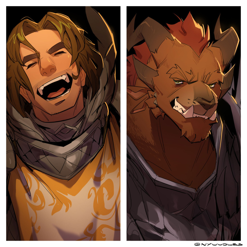 1:1 anthro brown_body brown_fur brown_hair charr clenched_teeth duo fangs felid fur guild_wars hair hi_res horn human laugh logan_thackeray male mammal nyuudles open_mouth red_hair rytlock_brimstone teeth video_games