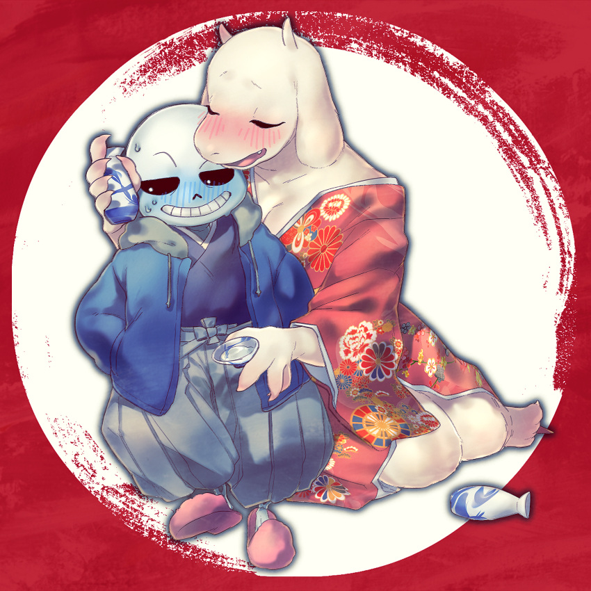 1:1 alcohol animated_skeleton anthro asian_clothing beverage biped blush bone bottle bovid breasts caprine cleavage clothed clothing drunk duo east_asian_clothing female goat hi_res horn humanoid japanese_clothing liquor male mammal pugthe2ro sans_(undertale) skeleton slippers substance_intoxication toriel undead undertale undertale_(series) video_games yukata