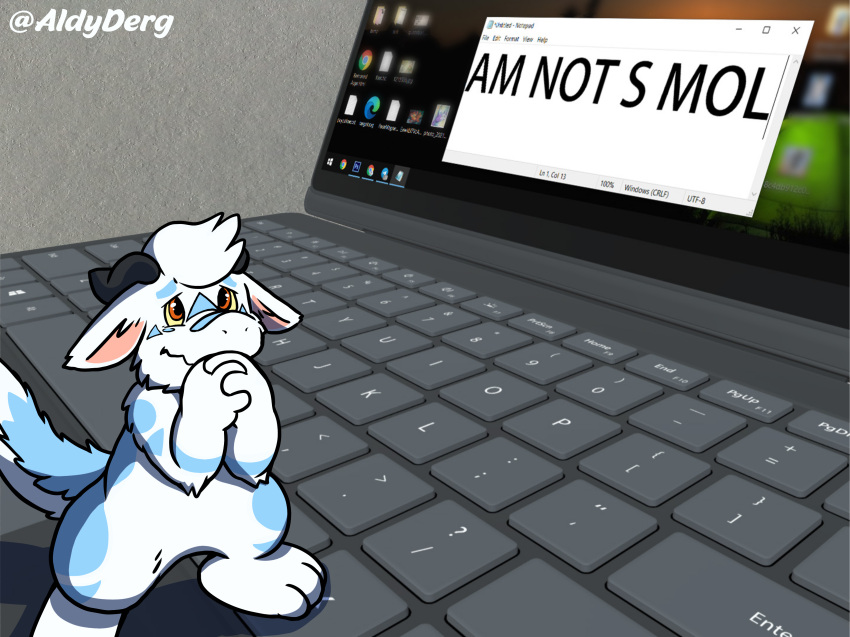 2021 absurd_res aldy_(aldyderg) anthro begging biped blue_body blue_fur computer detailed_background dragon english_text fur furred_dragon hi_res horn katzenfaust laptop micro nude paws solo standing text white_body white_fur