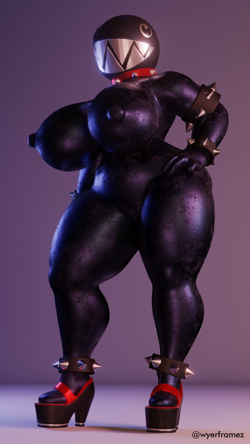 9:16 anthro big_breasts breasts chain_chomp collar female genitals hi_res mario_bros nintendo pussy smile solo thick_thighs video_games wyerframez