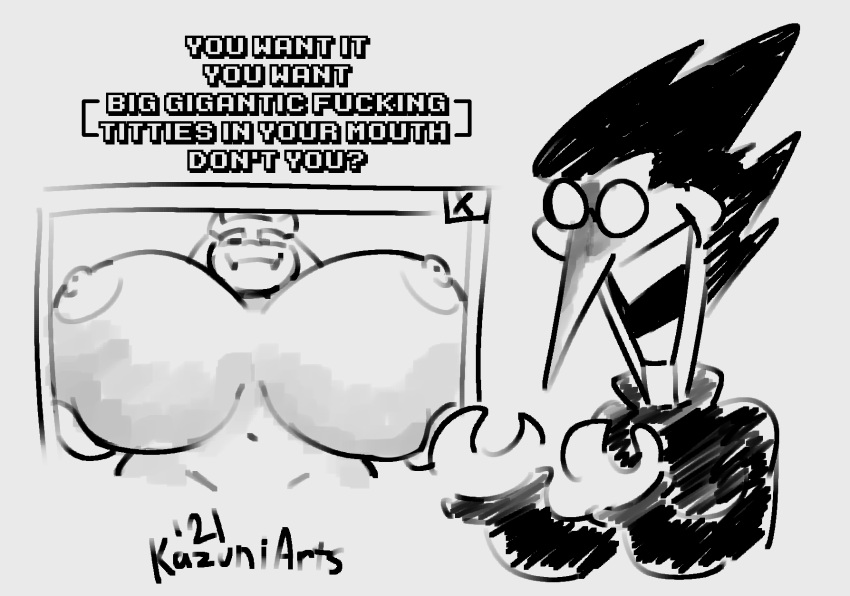 2021 ? advertisement anthro areola big_breasts boss_monster bovid breasts caprine clothing darkner deltarune duo english_text eyewear female glasses goat hair hand_on_breast hi_res huge_breasts humanoid hyper hyper_breasts kazuniarts male mammal mature_female monochrome monster navel nipples open_mouth profanity shirt smile spamton_g._spamton text topwear toriel undertale undertale_(series) video_games