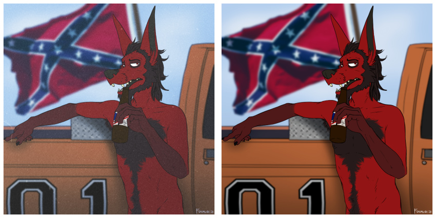2:1 alcohol anthro balding beard beer beverage body_hair canid canine chest_hair confederate_flag facial_hair fox foxmusk fur general_lee hair hairy hi_res male mammal markings nico_(foxmusk) nipples receding_hairline red_body red_fur redneck solo southern teeth truck