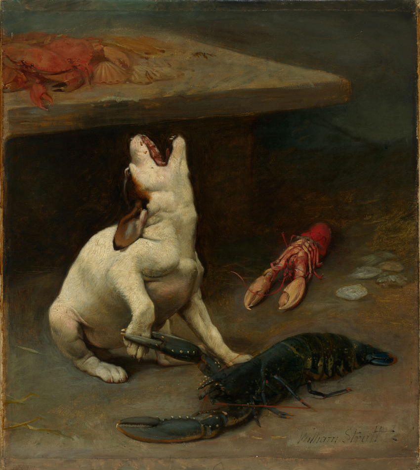 1889 19th_century absurd_res ancient_furry_art arthropod black_body brown_body brown_fur canid canine canis claws crustacean decapoda detailed_background domestic_dog feral fur group hi_res humor lobster malacostracan mammal marine oil_painting_(artwork) open_mouth painting_(artwork) paws pinch signature traditional_media_(artwork) white_body white_fur william_strutt