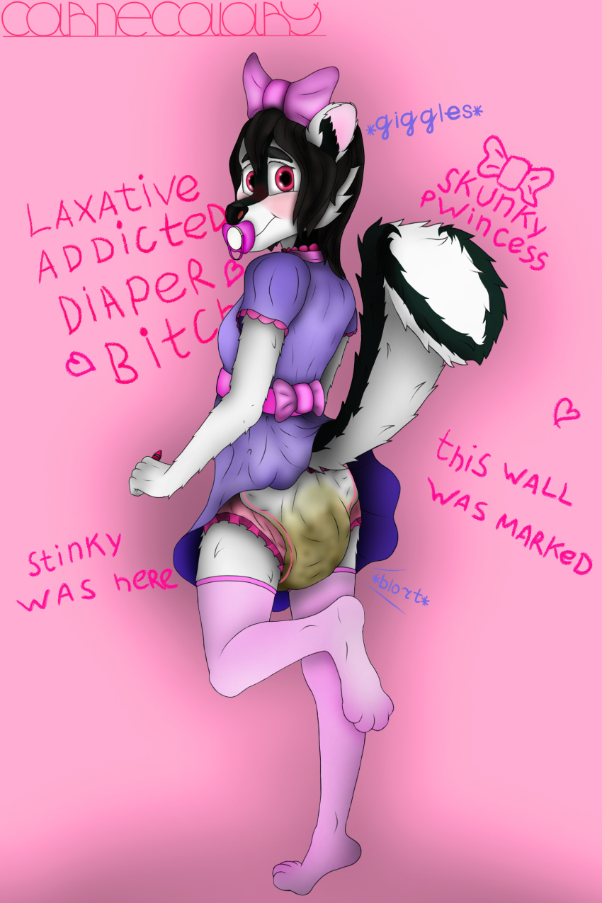 2:3 absurd_res accessory anthro big_tail black_body black_fur black_hair blort carnecalary clothing crayons diaper diaper_bulge diaper_fetish diaper_fur diarrhea drawing_on_wall dress fart feces female fur giggle giggling hair hair_accessory hair_bow hair_ribbon happy hi_res incontinence infantilism inscription laxative laxatives legwear loud_fart luca_the_skunkbunny mammal mephitid messing messing_diaper messy_diaper on_one_leg pacifier pink_bow pink_diaper pink_eyes pink_stockings playful pooping purple_clothing purple_dress raised_leg raised_tail ribbons sagging_diaper scat skunk soiled_diaper soiling soiling_diaper solo sound_effects stained_diaper standing stockings wall_(structure) white_body white_diaper white_fur writing_text