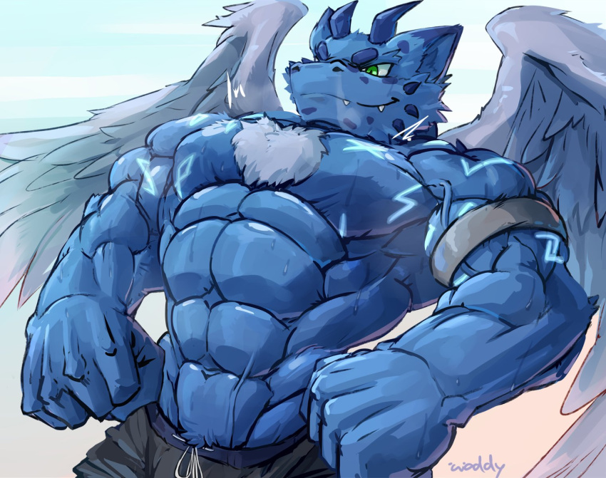 abs anthro biceps bodily_fluids bulge chest_tuft clothed clothing dragon growth hi_res horn male muscle_growth muscular muscular_male pecs solo sweat topless tuft waddledox