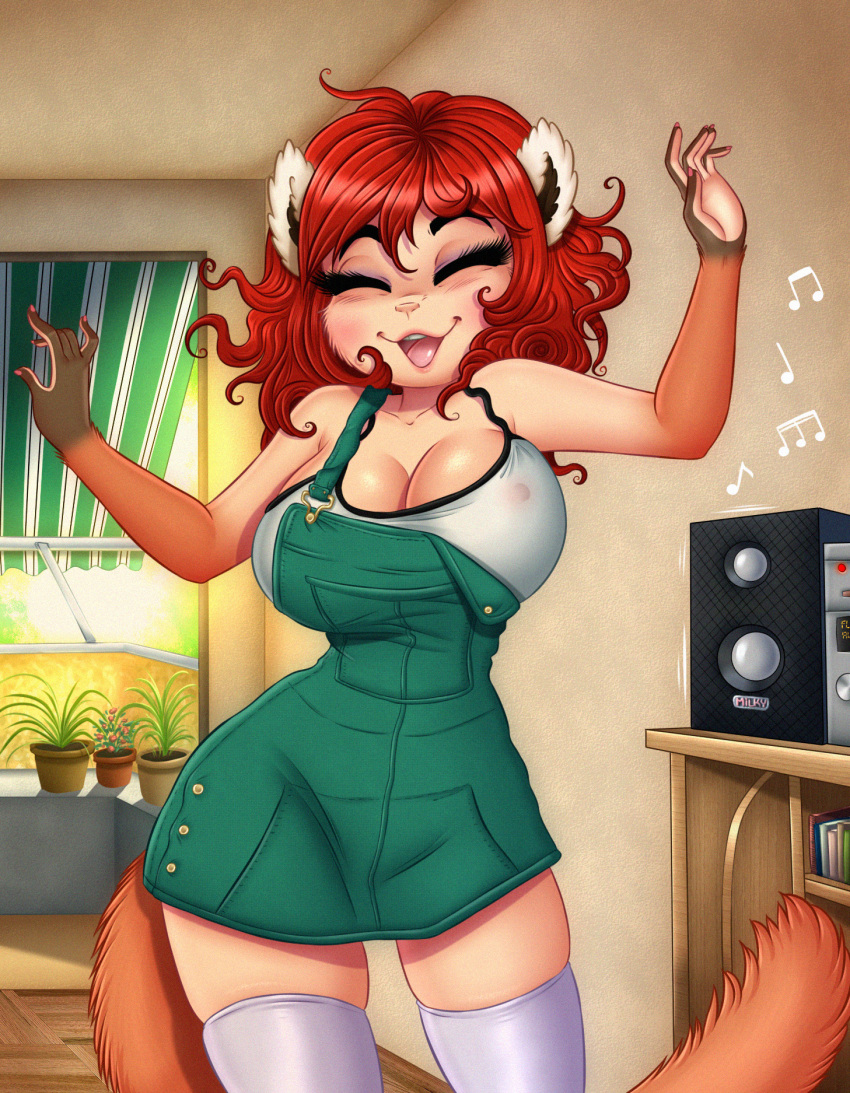 anthro big_breasts blush boombox breasts clothing dancing digital_media_(artwork) eyebrows eyes_closed female hair hi_res inside legwear lemur lemur2003_(artist) mammal marina_mandry musical_note nipple_outline open_mouth overalls primate red_hair shaded small_waist smile solo strepsirrhine thick_eyebrows thigh_highs