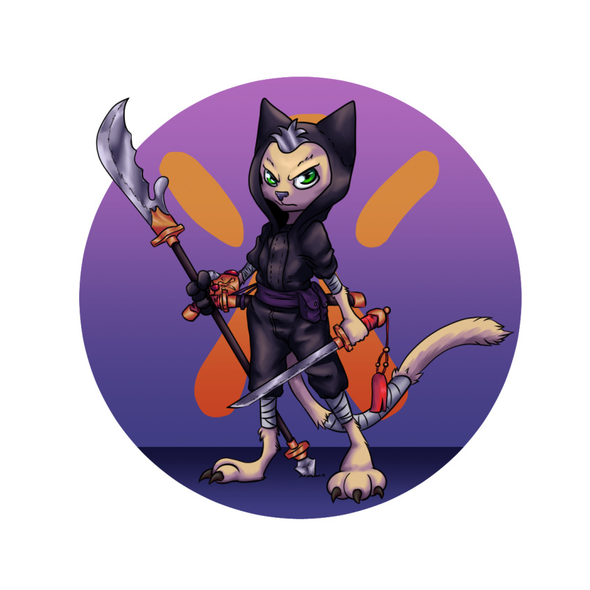 1:1 alpha_channel angry_expression anthro bandage chinese_sword domestic_cat felid feline felis green_eyes halberd hi_res hood male mammal melee_weapon ninja paws polearm solo sword toony turkojar warrior weapon