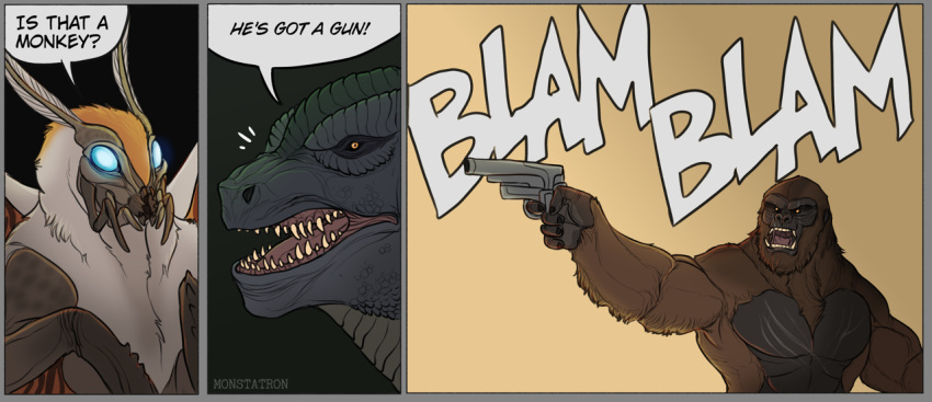 angry anthro ape arthropod blue_eyes border comic dialogue dinosaur english_text godzilla godzilla_(series) gorilla grey_border group gun haplorhine hellboy_(series) holding_gun holding_object holding_weapon humor insect is_that_a_monkey king_kong male mammal meme monstatron mothra mothra_(series) primate ranged_weapon reptile scalie signature sound_effects text toho trio weapon