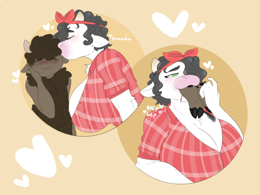 &lt;3 4:3 anthro big_breasts bovid bovine breasts bumbleblues caprine cattle clothing female female_pred flannel_shirt goat hi_res kissing larger_female male male/female male_prey mammal oral_vore pattern_clothing pattern_topwear plaid plaid_clothing plaid_topwear size_difference smaller_male swallowing topwear vore