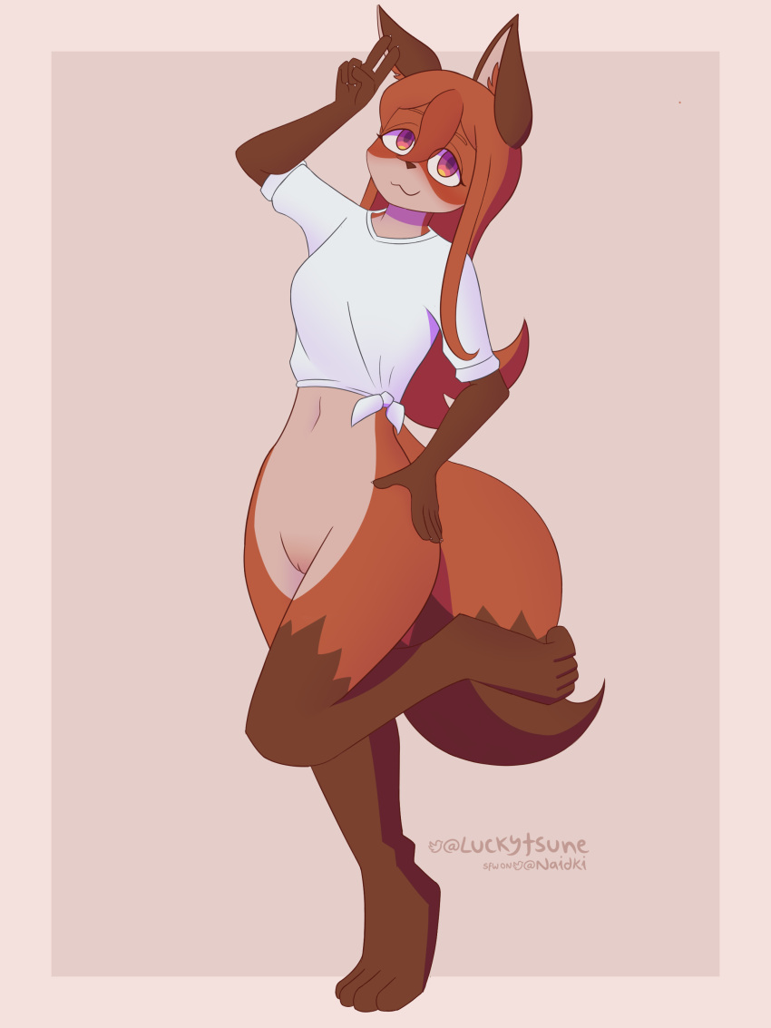 3:4 absurd_res anthro bottomless brand_new_animal brown_body brown_ears brown_fur canid canine clothed clothing digital_drawing_(artwork) digital_media_(artwork) female fox full-length_portrait fur genitals hair hi_res luckytsune mammal nazuna_hiwatashi orange_body orange_fur orange_hair partially_clothed portrait purple_eyes pussy redesign shirt smug solo studio_trigger topwear white_body white_fur