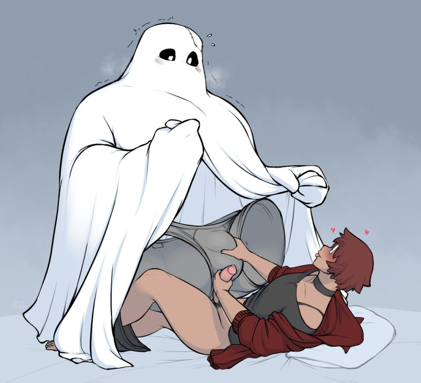 &lt;3 2021 bedsheet_ghost blep blush brown_hair bulge clothed clothing clothing_lift duo erection eyewear genitals ghost glasses grey_background hair hand_on_bulge human humanoid humanoid_genitalia humanoid_penis invisible iriedono larger_humanoid larger_male lying male male/male male_on_bottom male_on_top mammal masturbation on_back on_bottom on_top pants_around_one_leg penile penile_masturbation penis shaking simple_background size_difference smaller_human smaller_male spirit tongue tongue_out