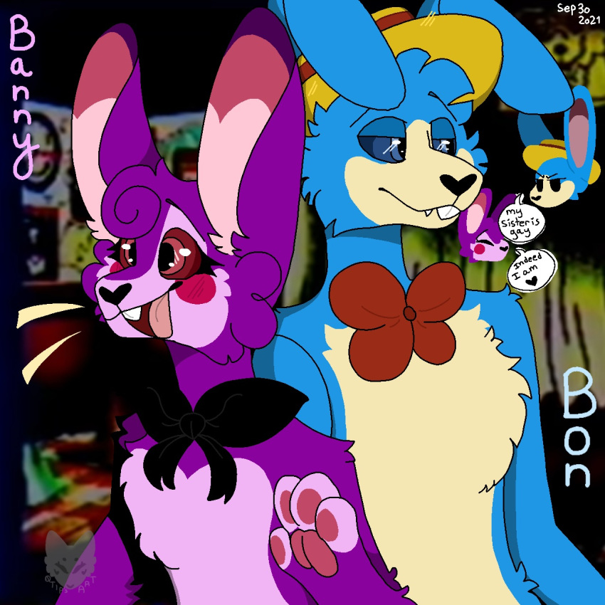 1:1 2021 anthro banny_(twf) bon_(twf) buckteeth digital_drawing_(artwork) digital_media_(artwork) duo english_text female fur hair hi_res lagomorph leporid male mammal open_mouth qtippywastaken rabbit ribbons simple_background smile teeth text the_walten_files