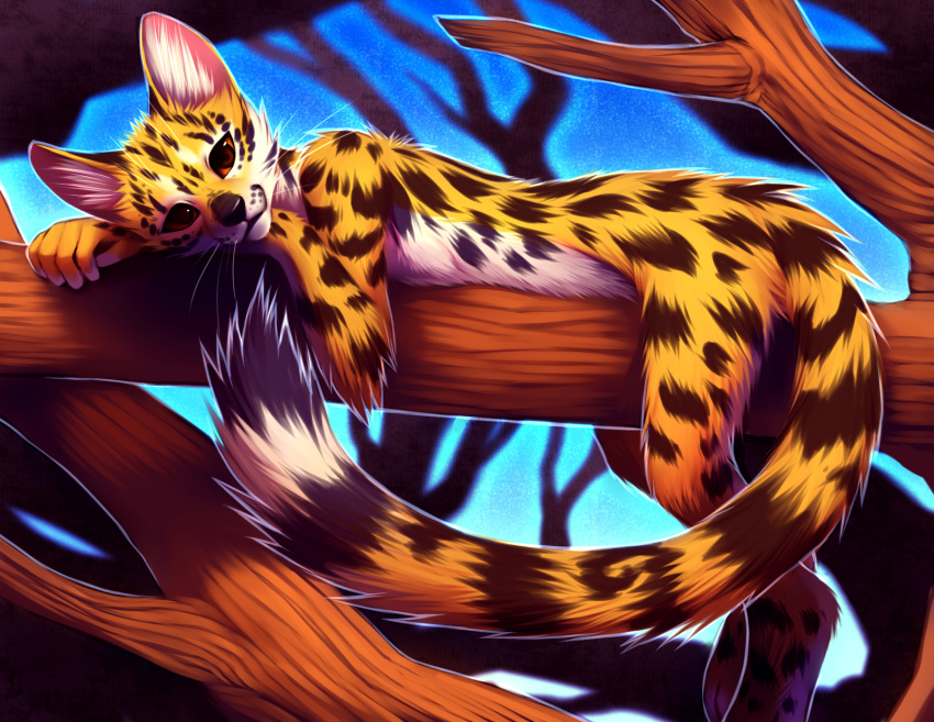 2012 anthro biped brown_body brown_fur cheetah digital_media_(artwork) falvie felid feline fur hi_res in_tree looking_at_viewer lying male mammal nude on_front orange_body orange_fur plant shaded solo spottacus tree whiskers white_body white_fur