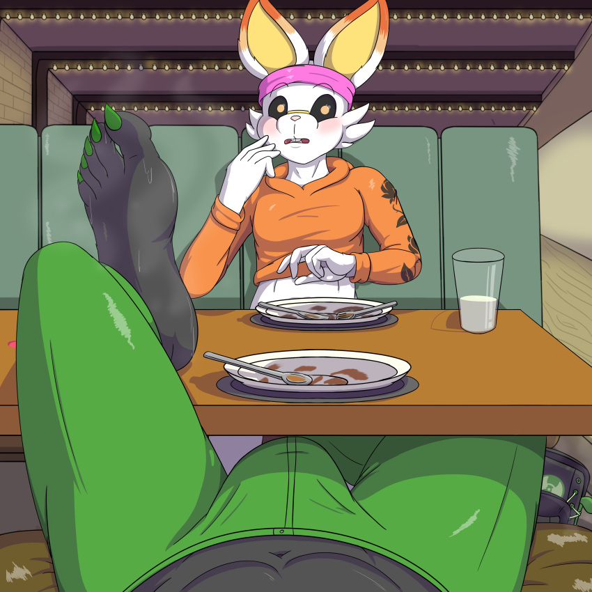 1:1 5_toes absurd_res anthro big_feet bodily_fluids bulge bulge_fondling bulge_rubbing feet first_person_view foot_fetish foot_on_table foot_play hi_res male male/male nintendo pok&eacute;mon pok&eacute;mon_(species) restaurant scorbunny smelly smelly_feet steamy_feet sunny_flowers sweat sweaty_feet thejestermime toes video_games zed_burrows zoroark