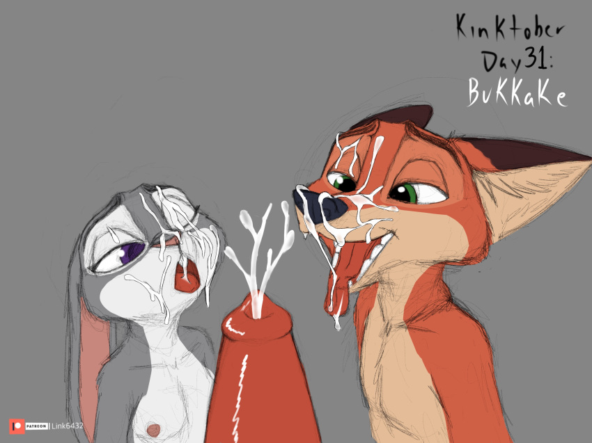 2021 anthro bisexual bodily_fluids breasts bukkake canid canine cum cum_on_face disney duo ejaculation english_text erection female genital_fluids genitals group group_sex hi_res judy_hopps kinktober lagomorph leporid link6432 male male/female male/male mammal nick_wilde nipples open_mouth penis rabbit sex simple_background smile text tongue zootopia