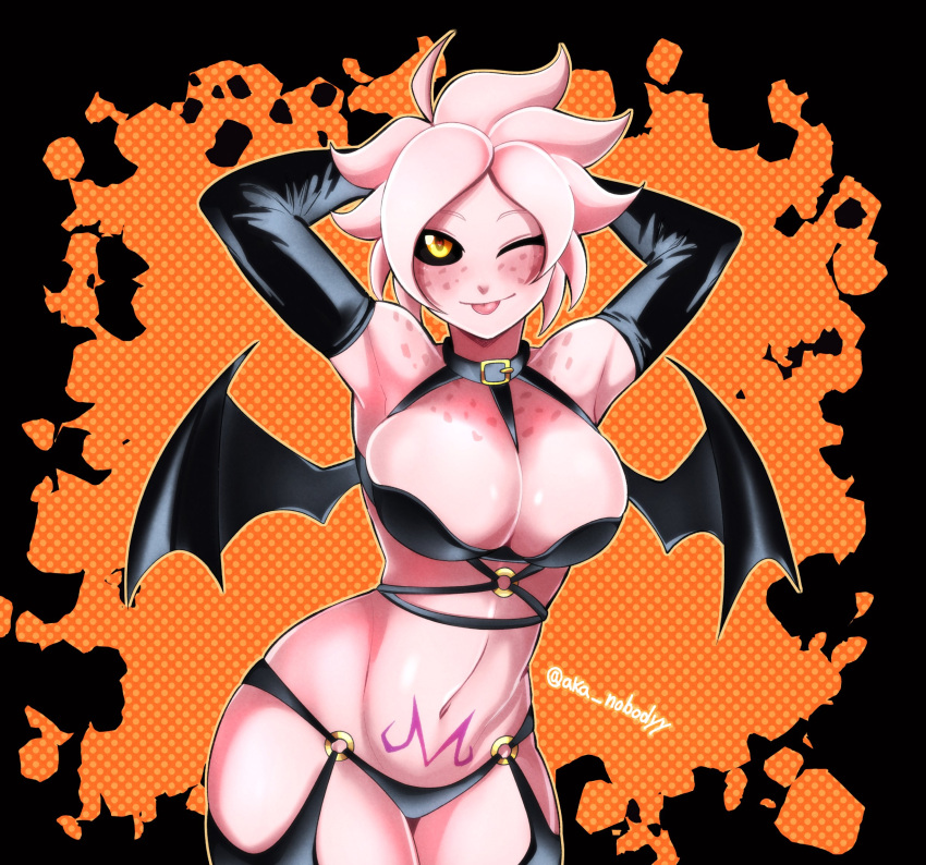 aka_nobodyy black_sclera dragon_ball female freckles freckles_on_breasts hair halloween_costume hi_res humanoid majin one_eye_closed short_hair solo succubus tattoo tongue tongue_out wings wink womb_tattoo yellow_eyes