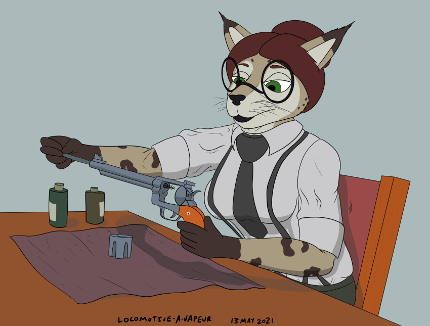 2021 anthro bridgette_o'shane canid canine canis cleaning_gun clothing domestic_dog eyewear felid feline female glasses gun hi_res hunting_dog lynx lynxuki mammal necktie panzerschreckleopard ranged_weapon rolled_up_sleeves ruger_(brand) ruger_blackhawk saluki sighthound solo suit suspenders weapon