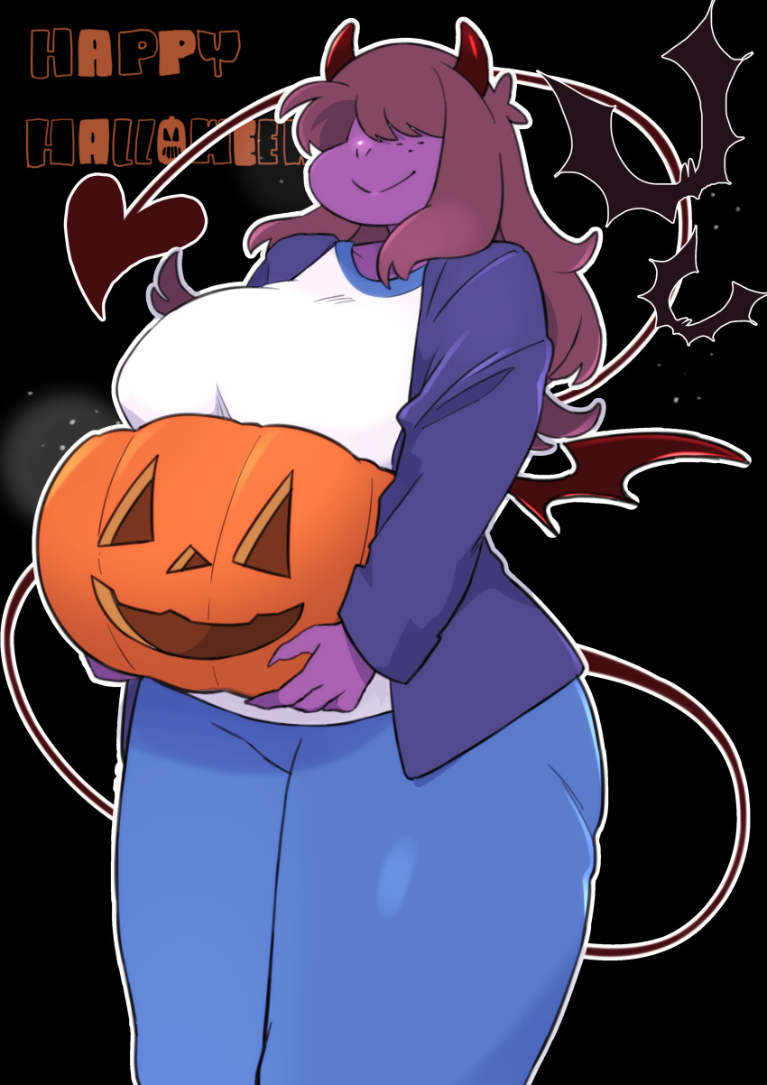 4_fingers absurd_res anthro big_breasts black_background breasts clothed clothing curvy_figure deltarune demon english_text female fingers freckles hair hair_over_eyes halloween hi_res holidays horn huge_breasts jack-o'-lantern long_hair non-mammal_breasts portrait purple_body reptile scalie simple_background smile solo standing susie_(deltarune) text thick_thighs three-quarter_portrait underchikichan undertale_(series) video_games voluptuous wide_hips