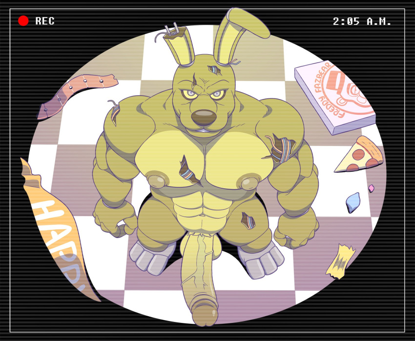 animatronic anthro anti_dev detailed_background erection five_nights_at_freddy's five_nights_at_freddy's_3 food genitals hi_res lagomorph leporid looking_at_viewer machine male mammal missing_ear muscular muscular_anthro muscular_male nipples nude penis pizza pizza_box rabbit robot security_camera solo springtrap_(fnaf) vein veiny_penis video_games white_eyes wire yellow_body