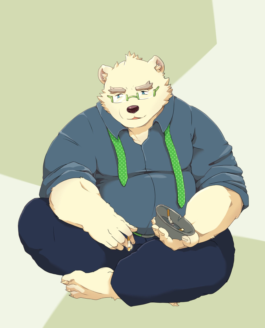 2021 anthro baku_hosamo black_nose bottomwear clothing eyewear fur glasses hi_res kemono leib_(tas) lifewonders male mammal necktie overweight overweight_male pants polar_bear shirt simple_background sitting solo tokyo_afterschool_summoners topwear ursid ursine video_games white_body white_fur