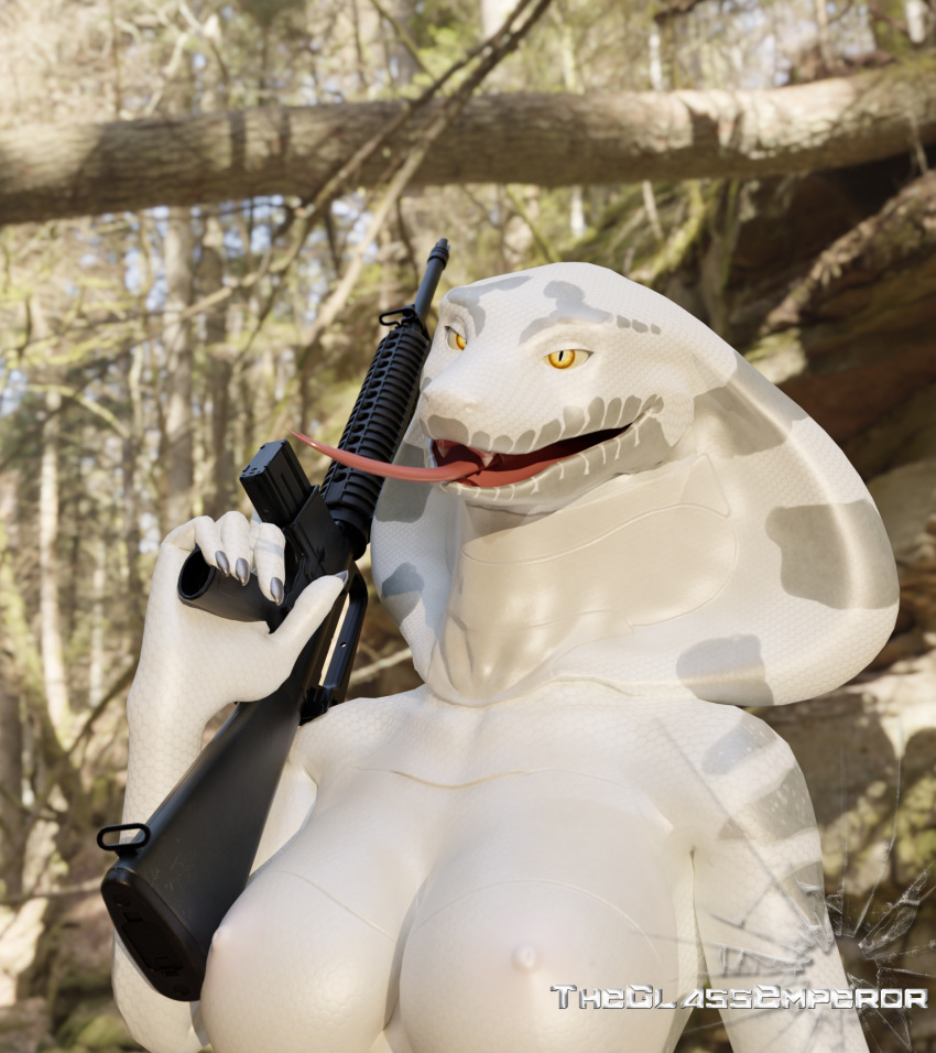 3d_(artwork) anthro belly_scales big_breasts breasts clothed clothing cobra digital_media_(artwork) female gun hi_res looking_at_viewer outside ranged_weapon reptile scales scalie snake solo theglassemperor tongue tongue_out topless vectra_(theglassemperor) weapon