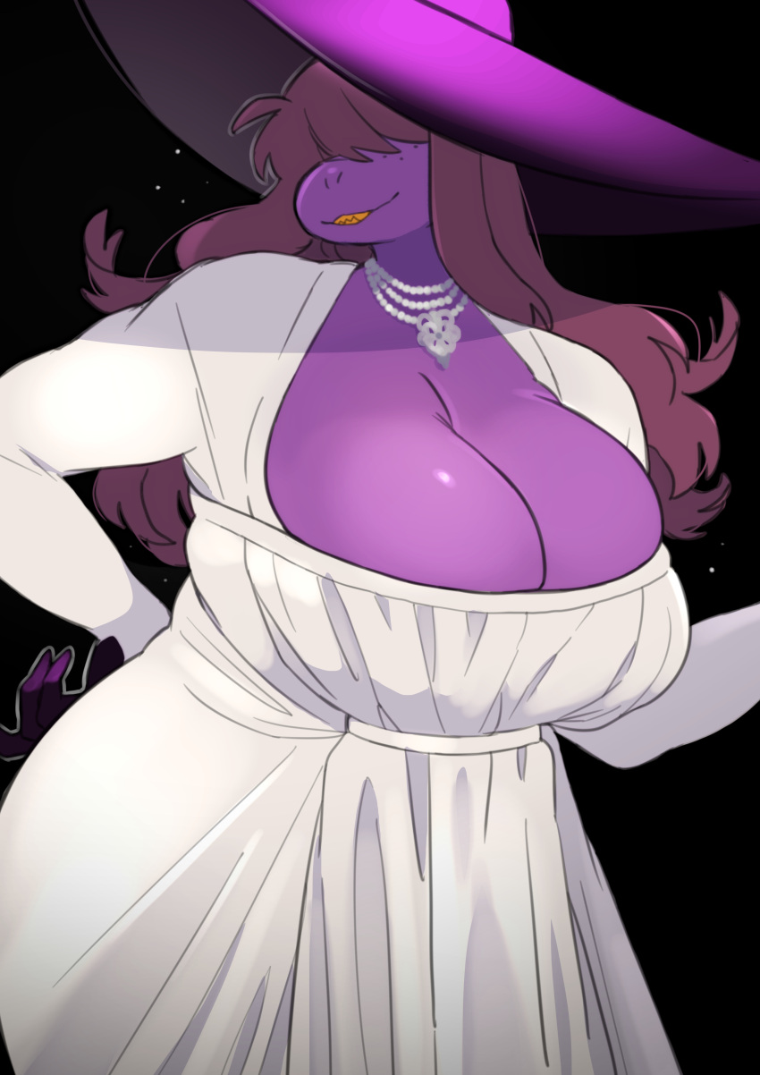 absurd_res alcina_dimitrescu anthro big_breasts black_background breasts capcom cleavage clothed clothing cosplay crossover crossover_cosplay curvy_figure deltarune dress female fingerless_gloves fingers freckles gloves hair hair_over_eyes handwear hat headgear headwear hi_res huge_breasts jewelry long_hair necklace non-mammal_breasts portrait purple_body reptile resident_evil scalie simple_background solo susie_(deltarune) three-quarter_portrait underchikichan undertale_(series) video_games voluptuous wide_hips