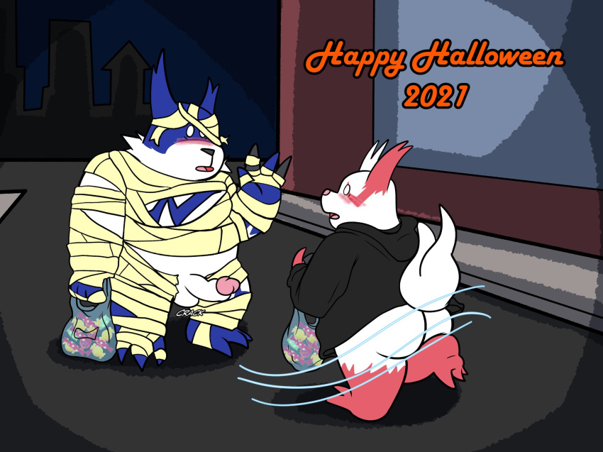 2021 anthro balls belly blue_body blush bunnybara butt candy dessert duo erection food genitals halloween halloween_costume hi_res holidays male mummy_costume nintendo overweight overweight_male penis pok&eacute;mon pok&eacute;mon_(species) red_body shiny_pok&eacute;mon text video_games white_body zangoose