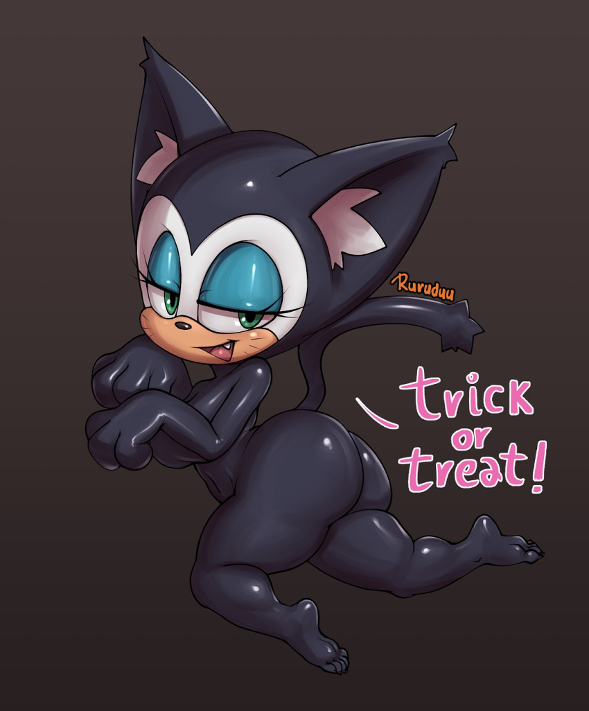 anthro cat_costume chiropteran clothing costume eyeshadow female fur green_eyes half-closed_eyes hi_res makeup mammal narrowed_eyes open_mouth rouge_the_bat ruruduu sega simple_background solo sonic_the_hedgehog_(series) suit text