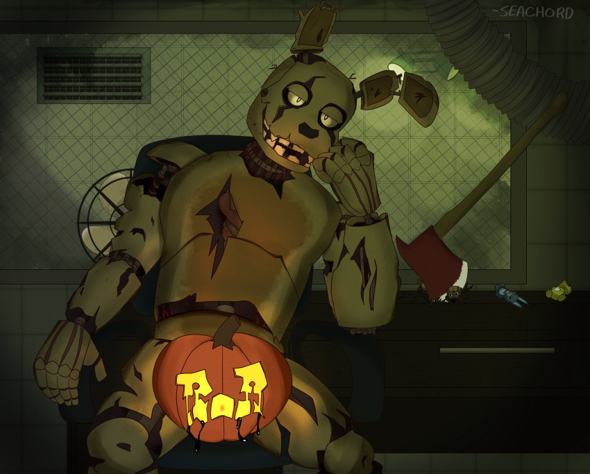 2021 absurd_res animatronic axe five_nights_at_freddy's five_nights_at_freddy's_3 food fruit halloween hi_res holidays lagomorph leporid looking_at_viewer machine male mammal melee_weapon plant pumpkin rabbit robot seachord sitting smile solo springtrap_(fnaf) video_games weapon