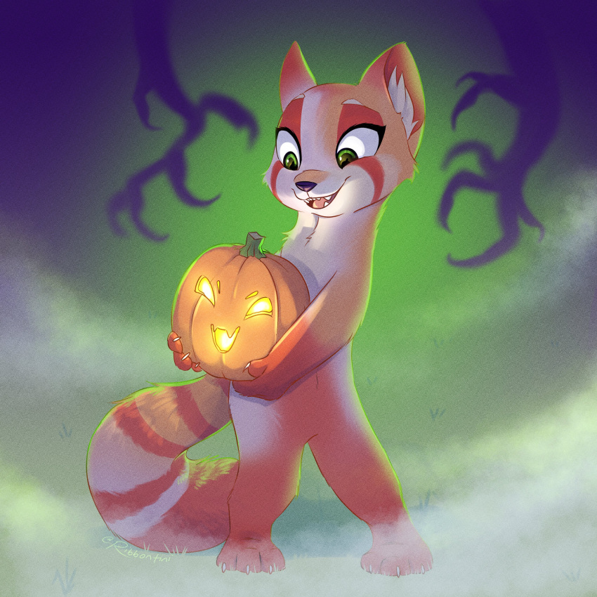 1:1 2021 absurd_res ailurid anthro fur green_eyes halloween hi_res holding_object holidays jack-o'-lantern mammal nude open_mouth open_smile red_panda ribbontini signature smile standing white_body white_fur