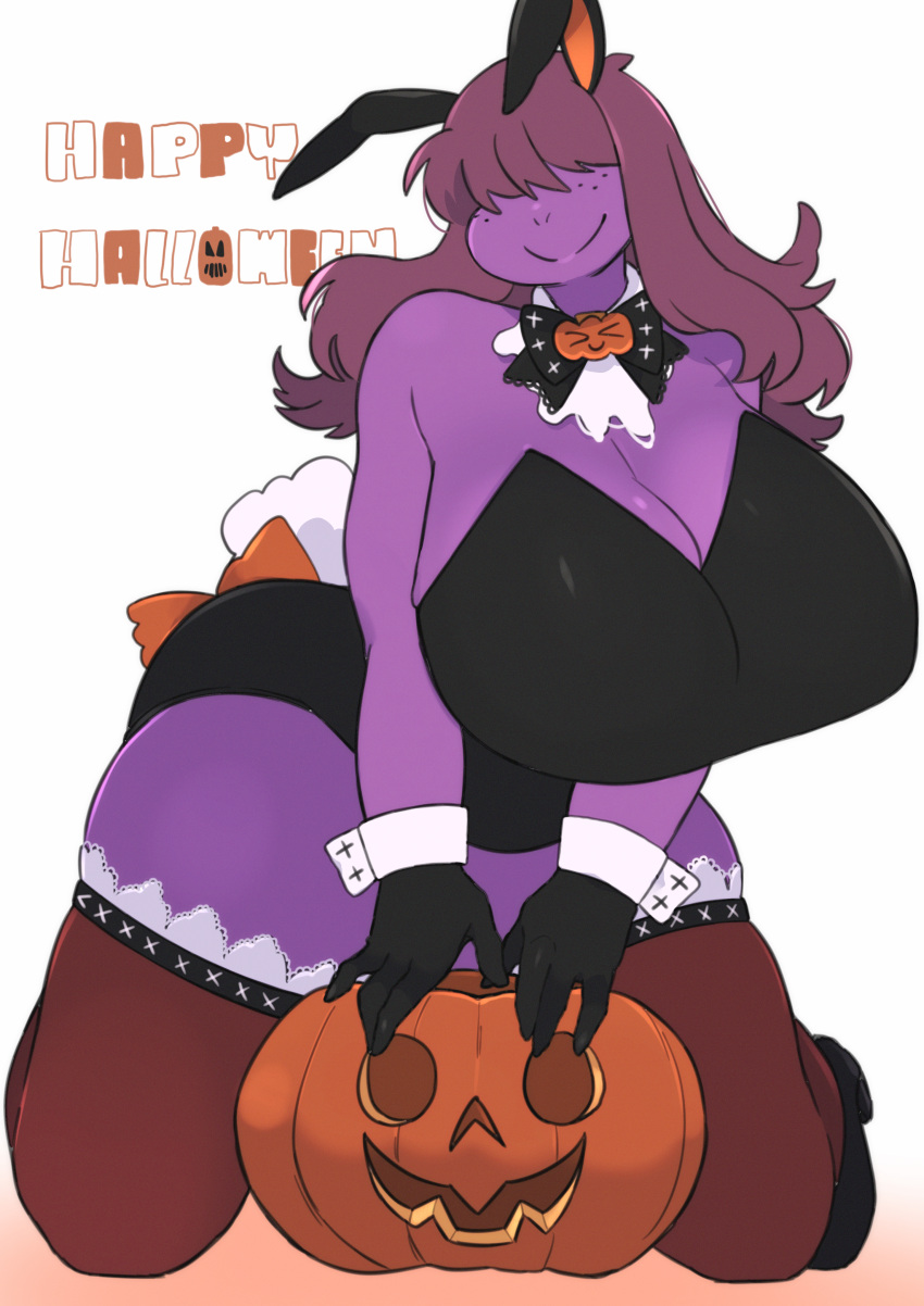 4_fingers absurd_res anthro big_breasts breasts bunny_costume clothed clothing costume curvy_figure deltarune english_text fake_ears fake_rabbit_ears female fingers freckles gloves hair hair_over_eyes halloween handwear hi_res high_heels holidays huge_breasts jack-o'-lantern kneeling legwear lizard long_hair non-mammal_breasts purple_body reptile scalie simple_background smile solo stockings susie_(deltarune) text thick_thighs thigh_highs underchikichan undertale_(series) video_games voluptuous white_background wide_hips