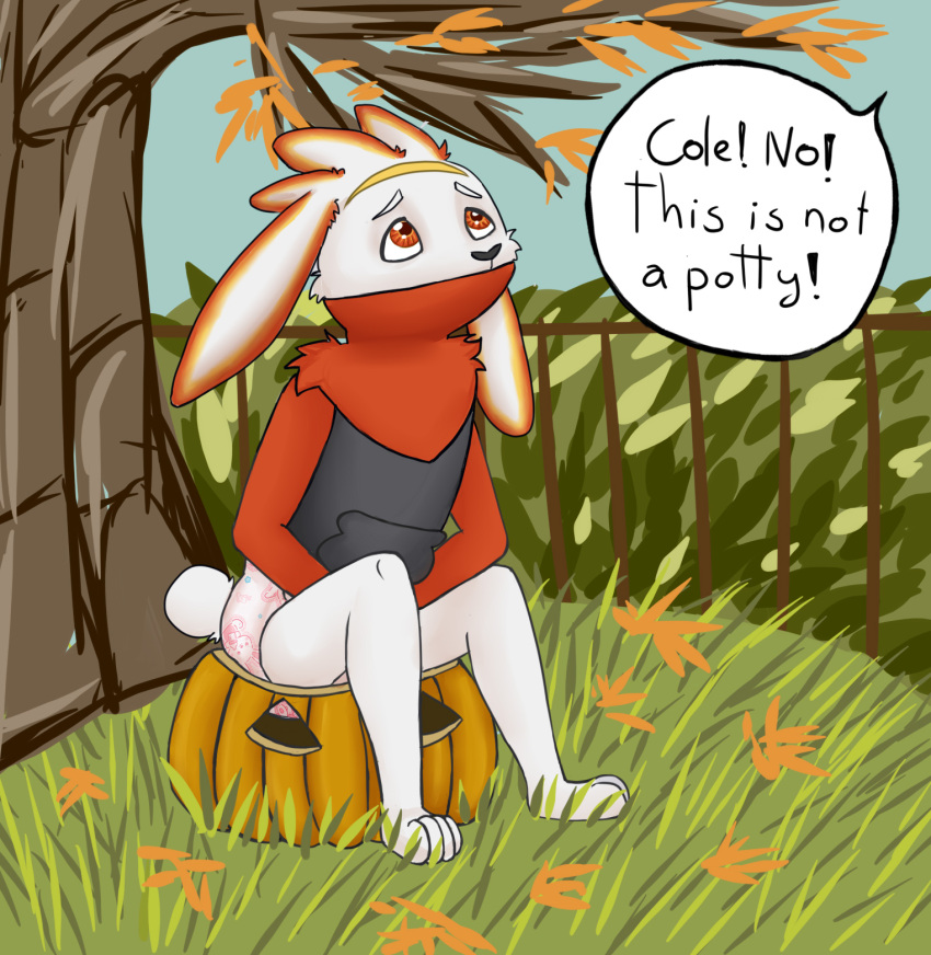 anthro bunnyhopps clothing cole_the_raboot diaper english_text food fruit halloween hi_res holidays hoodie lagomorph leporid male mammal marealeopard nintendo pink_diaper plant pok&eacute;mon pok&eacute;mon_(species) potty potty_training pumpkin rabbit raboot solo story story_at_source story_in_description text topwear video_games