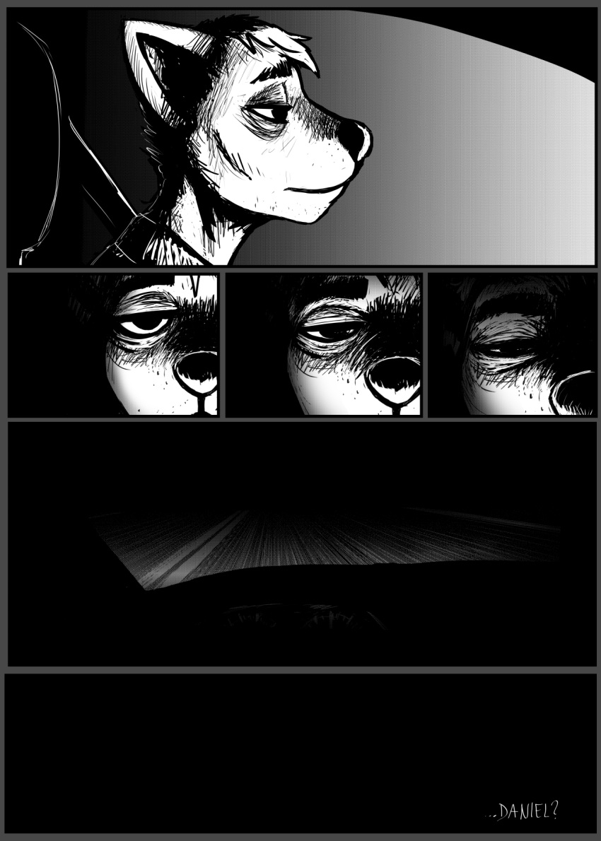 2021 anthro black_and_white canid canine canis comic daniel_(hladilnik) driving falling_asleep hi_res hladilnik male mammal monochrome road solo tired wolf