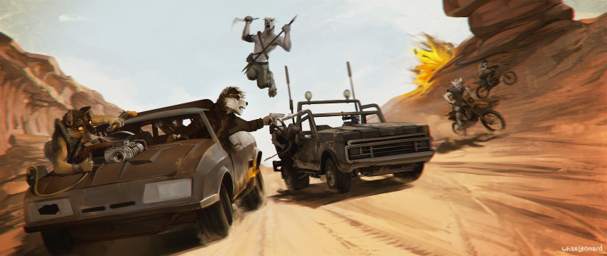 5_fingers absurd_res anthro canid canine canis car coyote desert detailed_background domestic_dog driving english_text explosion eyewear fingers ford ford_falcon goggles group gun handgun hi_res holding_gun holding_object holding_weapon jumping mad_max male mammal motorcycle pistol ranged_weapon tagme text vehicle weapon whiteleonard