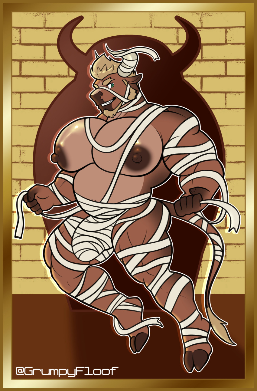 2021 absurd_res anthro beard belly big_belly big_bulge big_muscles big_nipples big_pecs bovid bovine brick_wall bulge cattle clothed clothing costume eyebrows facial_hair gold_border grumpyfloof hair halloween hi_res holidays hooves horn looking_at_viewer male mammal mummy_costume mummy_wrappings musclegut muscular muscular_anthro muscular_male nipples pecs smile solo standing text tom_(1ceberg) url wall_(structure) wraps