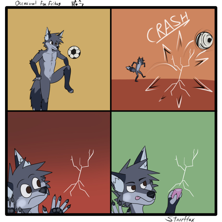 1:1 4_toes 5_fingers anthro ball black_nose breaking_the_fourth_wall brown_eyes canid canine comic cracked_glass dipstick_ears dipstick_tail english_text eraser feet fingers fox fur glass grey_body grey_fur grey_hair hair hi_res male mammal markings multicolored_body multicolored_ears multicolored_fur nude pink_tongue soccer_ball solo sound_effects starrffax starrffax_(fox_sona) tail_markings text toes tongue tongue_out two_tone_body two_tone_fur
