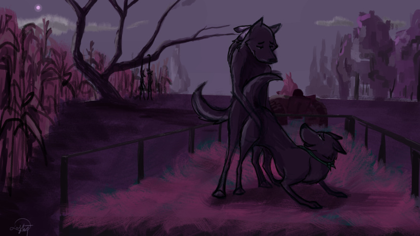 16:9 a_dusty_wolf anthro bestiality canid canine canis caught cornfield detailed_background doggystyle duo dusky_(muskydusky) female feral from_behind_position gallows halloween hay hi_res holidays male male/female male_on_feral male_penetrating_feral mammal monochrome moon night outside public public_sex sex tractor widescreen wolf