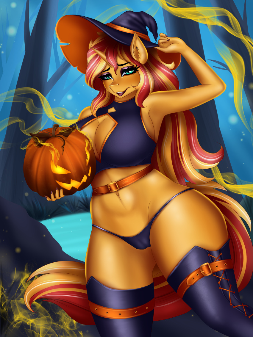 3:4 absurd_res anthro ashimaroo camel_toe clothed clothing digital_media_(artwork) equestria_girls equid equine eyebrows eyelashes female fingers food fruit hasbro hat headgear headwear hi_res horn legwear looking_at_viewer mammal my_little_pony navel outside plant pumpkin solo sunset_shimmer_(eg) unicorn