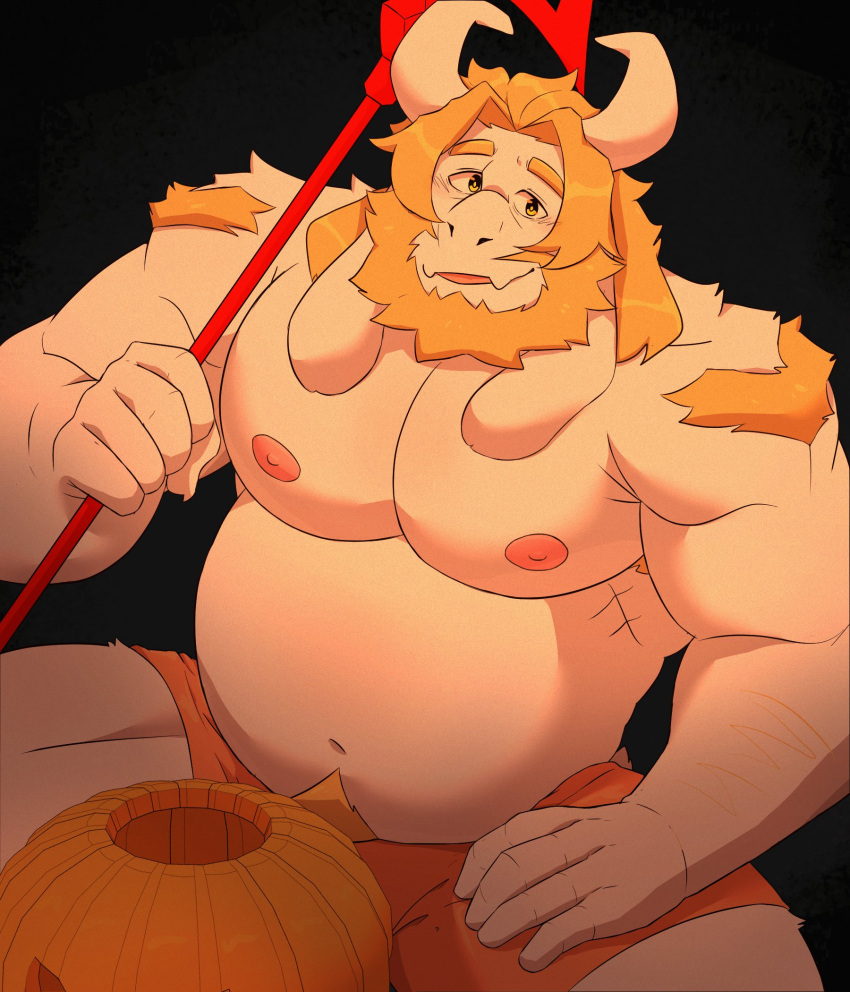2021 anthro armpit_hair asgore_dreemurr beard belly biceps big_belly big_muscles black_background blackclown00 blep blonde_hair body_hair boss_monster bovid caprine clothing eyebrows facial_hair food fruit fur goat hair halloween happy_trail hi_res holding_object holding_pitchfork holding_tool holidays horn jack-o'-lantern long_ears looking_at_viewer male mammal musclegut muscular muscular_anthro muscular_male navel nipples overweight overweight_anthro overweight_male pecs pitchfork plant pubes pumpkin scar simple_background sitting smile solo tongue tongue_out tools undertale undertale_(series) underwear video_games white_body white_fur